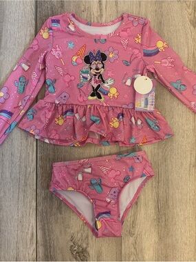 Disney Girls Pink Minnie Mouse Ruffle Rashguard Two-Piece Swim Set